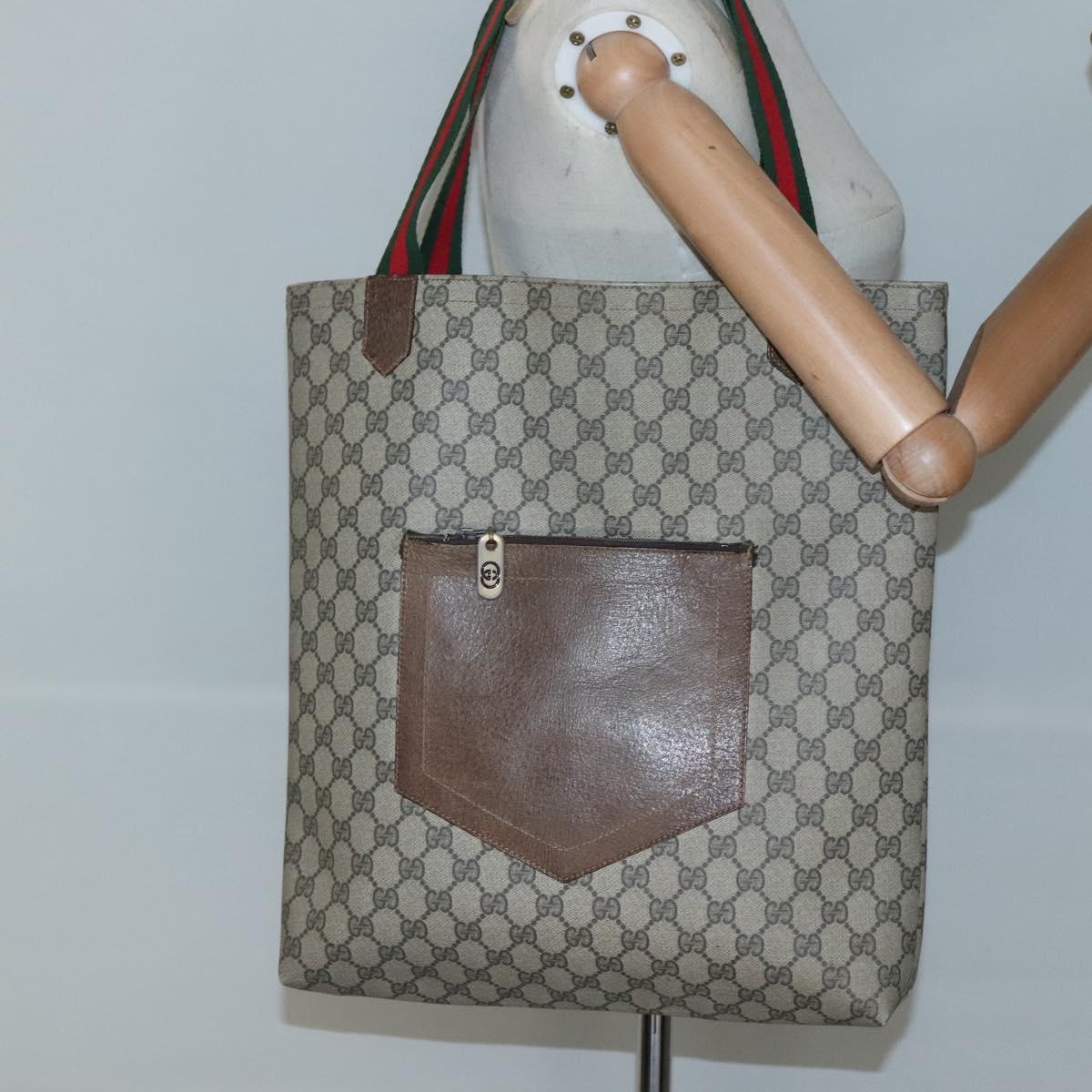 GUCCI GG Supreme Web Sherry Line Tote Bag PVC Beige Red Green Auth SW957