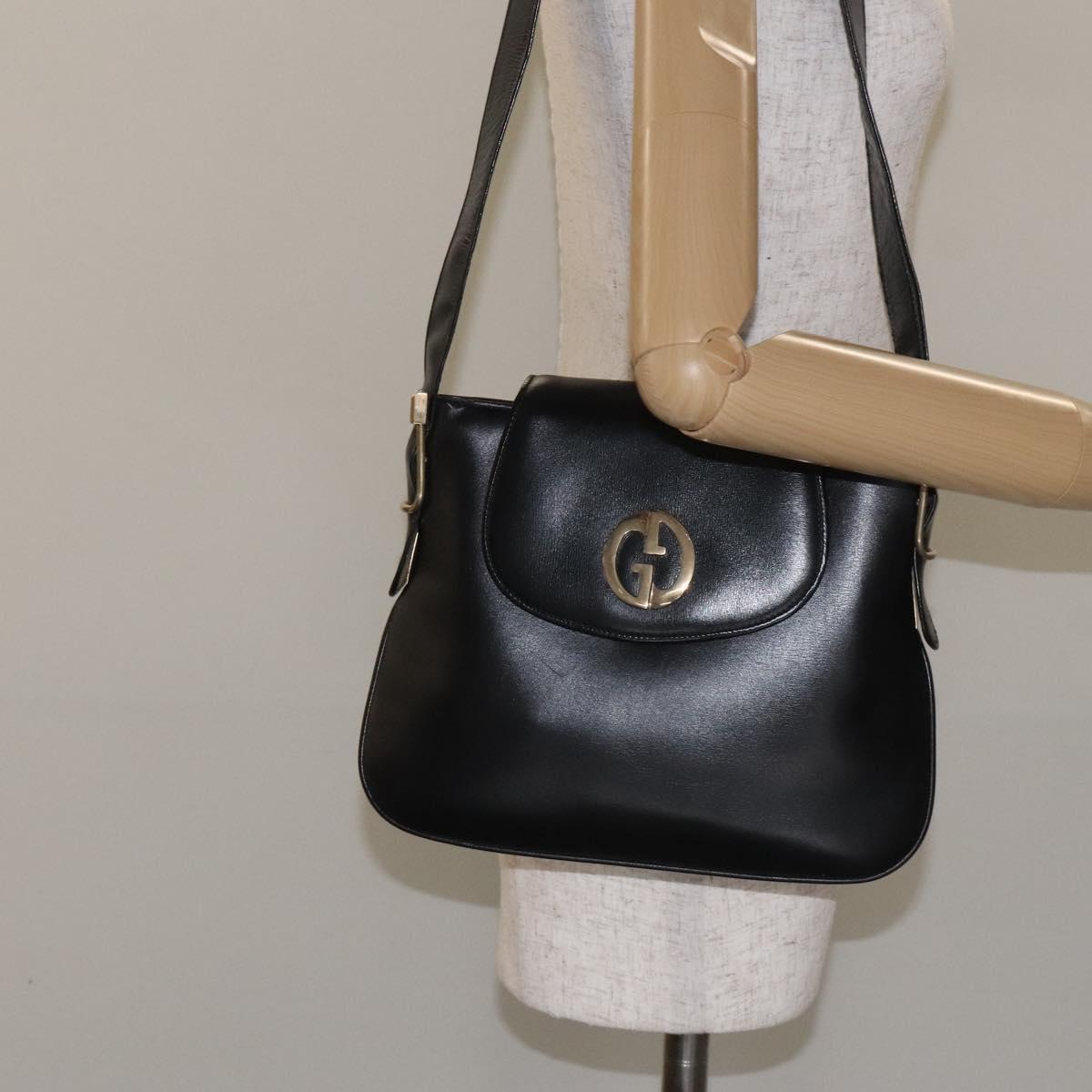 GUCCI Shoulder Bag Leather Black Gold Auth SW972