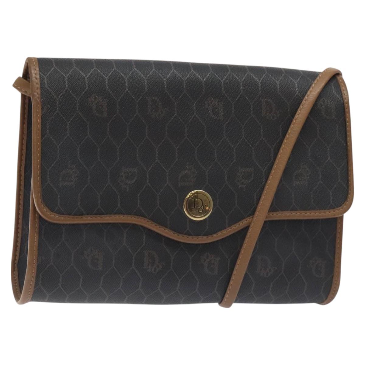 Christian Dior Honeycomb Canvas Shoulder Bag PVC Black Gold Auth SW976