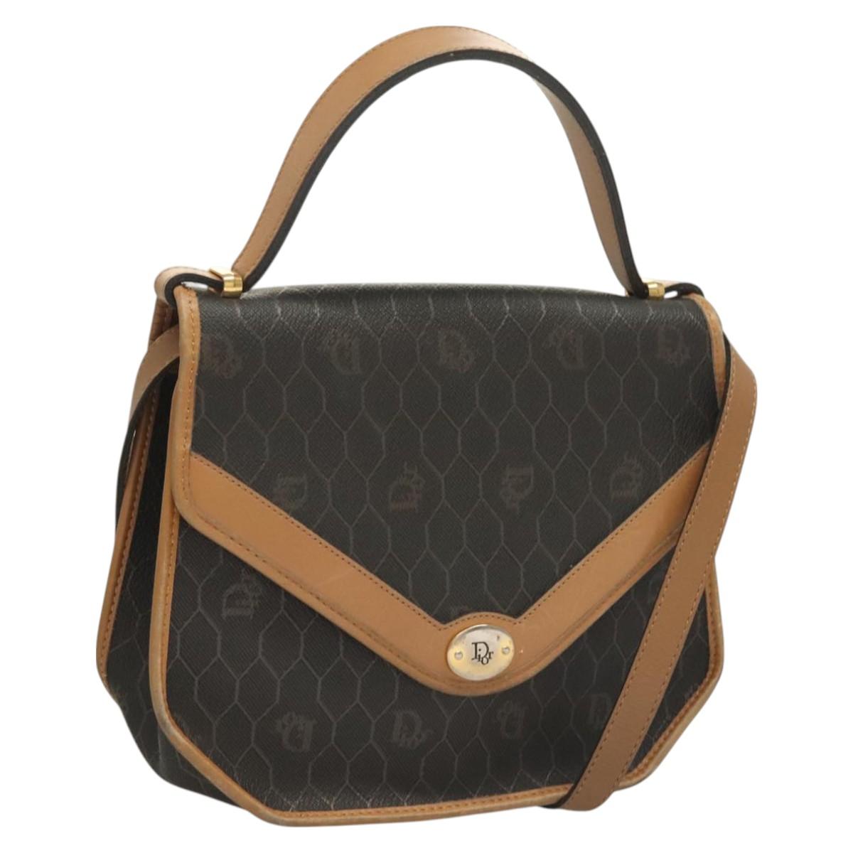 Christian Dior Honeycomb Canvas Hand Bag PVC 2way Black Gold Auth SW977