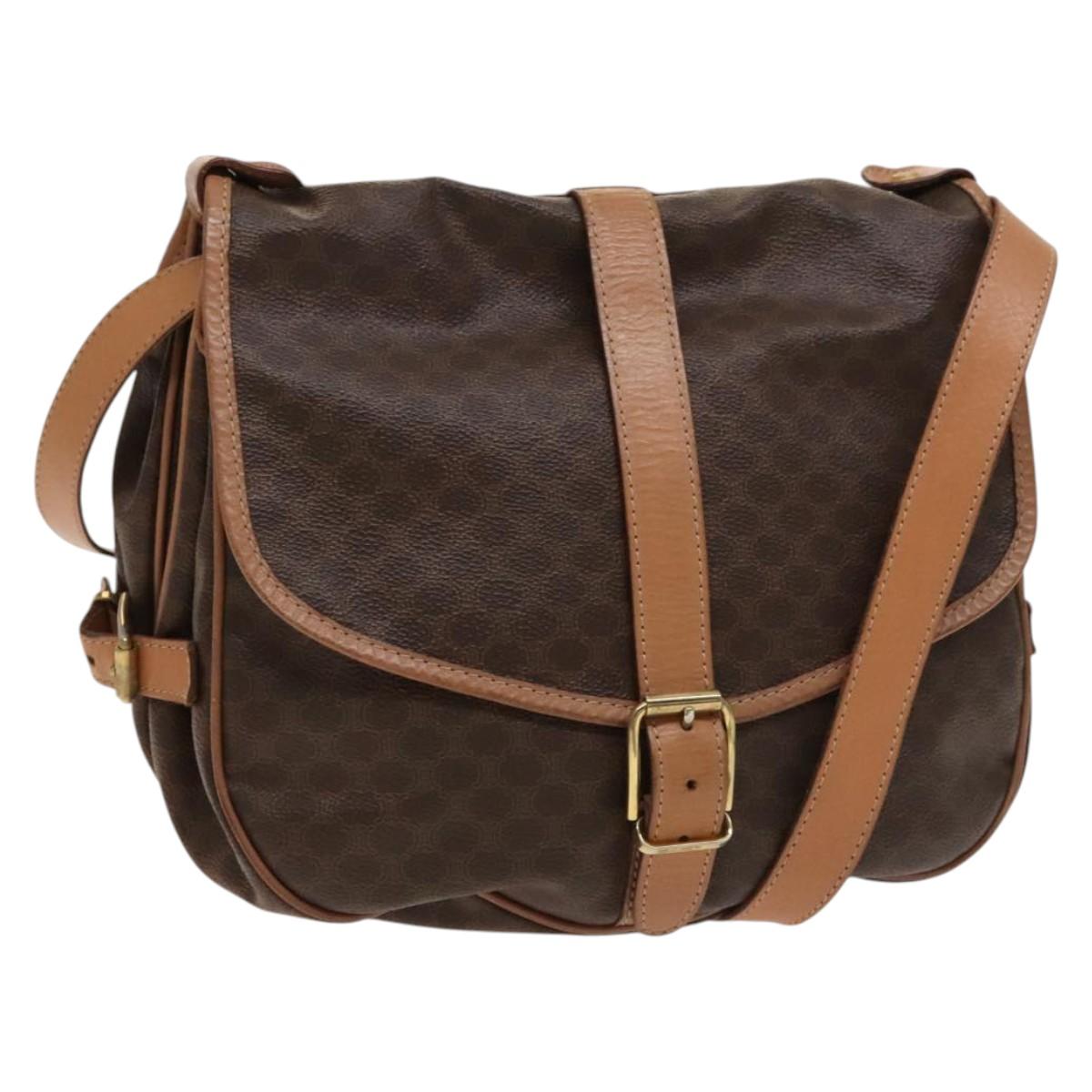 CELINE Macadam Canvas Shoulder Bag PVC Leather Brown Gold Auth SW988