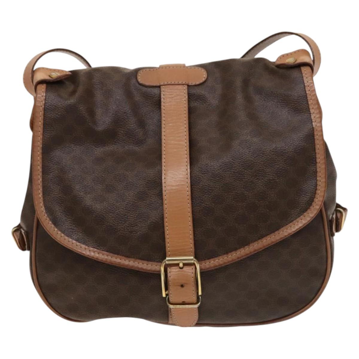 CELINE Macadam Canvas Shoulder Bag PVC Leather Brown Gold Auth SW988