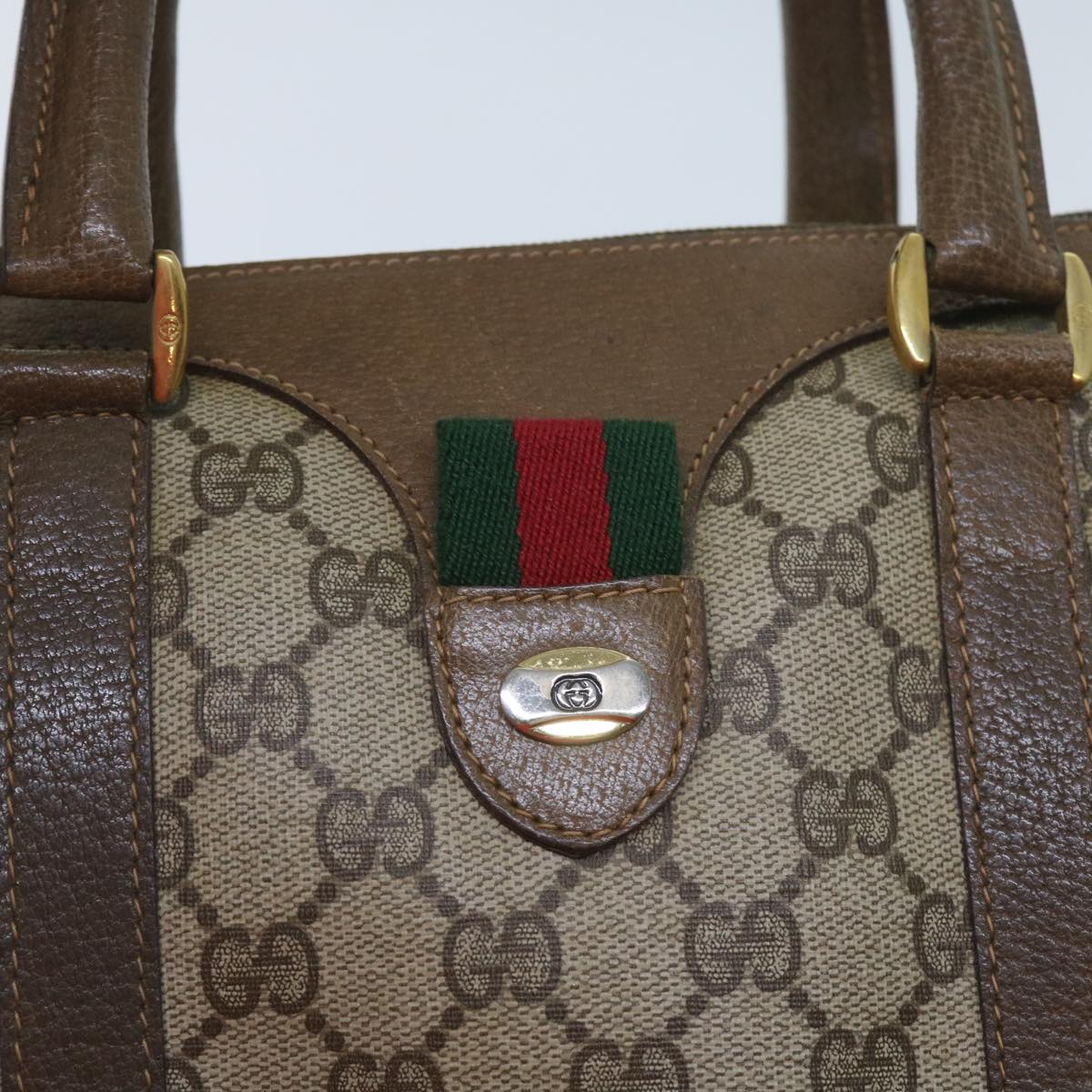 GUCCI GG Supreme Web Sherry Line Boston Bag PVC Beige Red 58 02 007 Auth tb1042