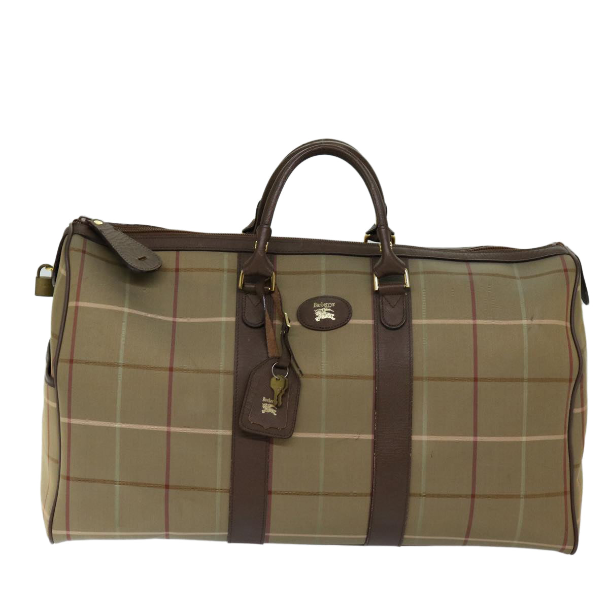 Burberrys Nova Check Boston Bag Canvas Vintage Khaki Auth tb1073