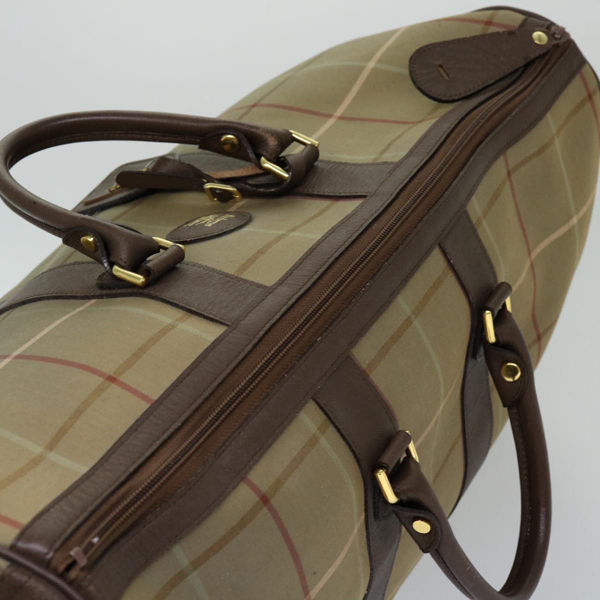 Burberrys Nova Check Boston Bag Canvas Vintage Khaki Auth tb1073