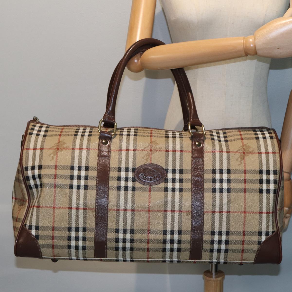 Burberrys Nova Check Boston Bag PVC Leather Beige Auth tb1105