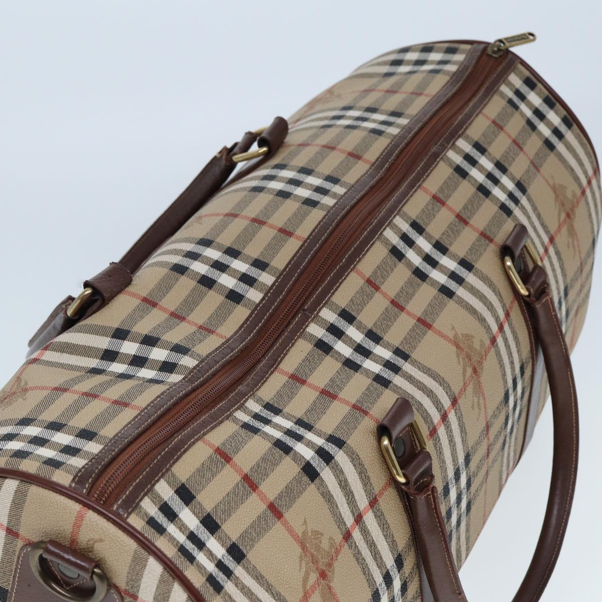 Burberrys Nova Check Boston Bag PVC Leather Beige Auth tb1105