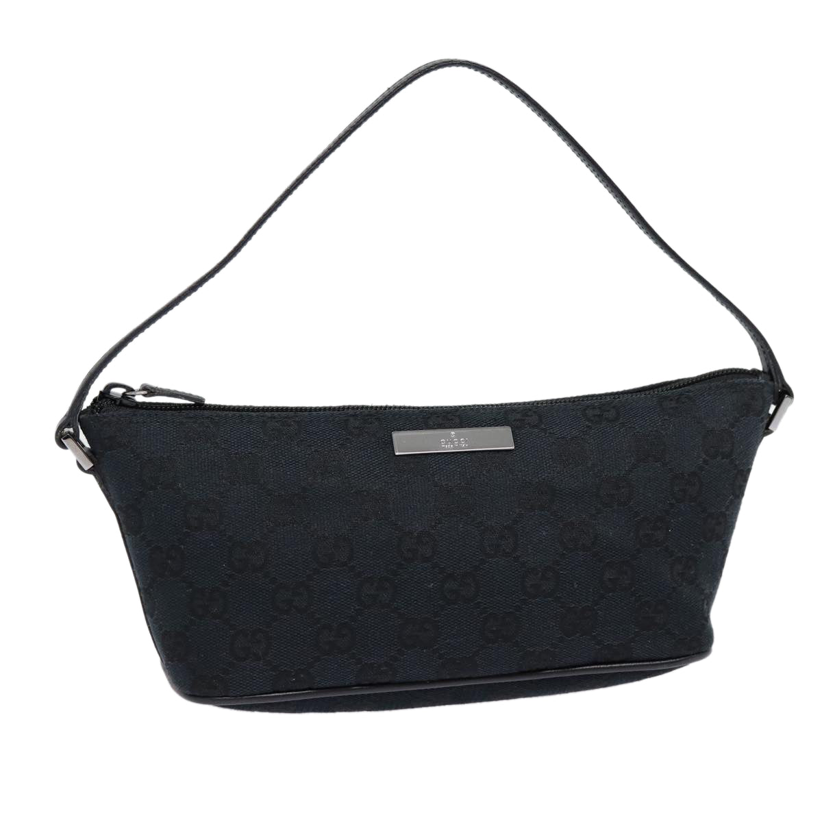 GUCCI GG Canvas hand Pouch Black Silver 07198 Auth tb1126