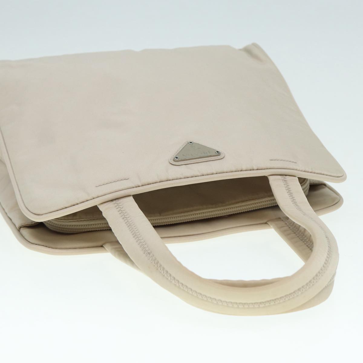 PRADA Hand Bag Nylon Beige Silver Auth tb1164