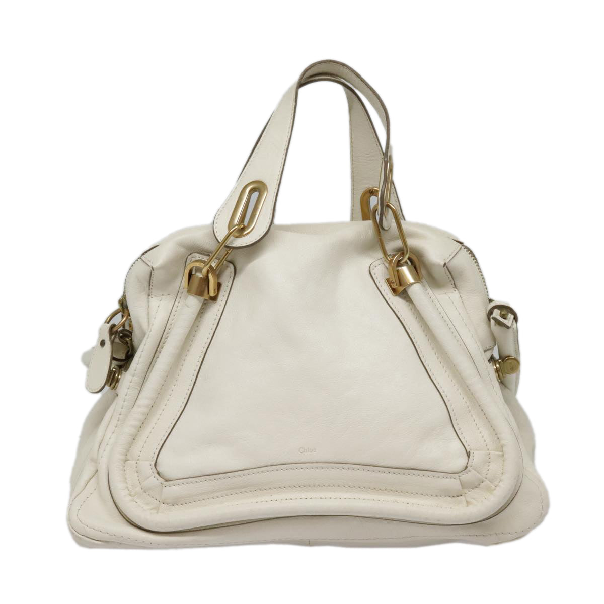 Chloe Paraty Hand Bag Leather 2way White Gold Auth tb1206