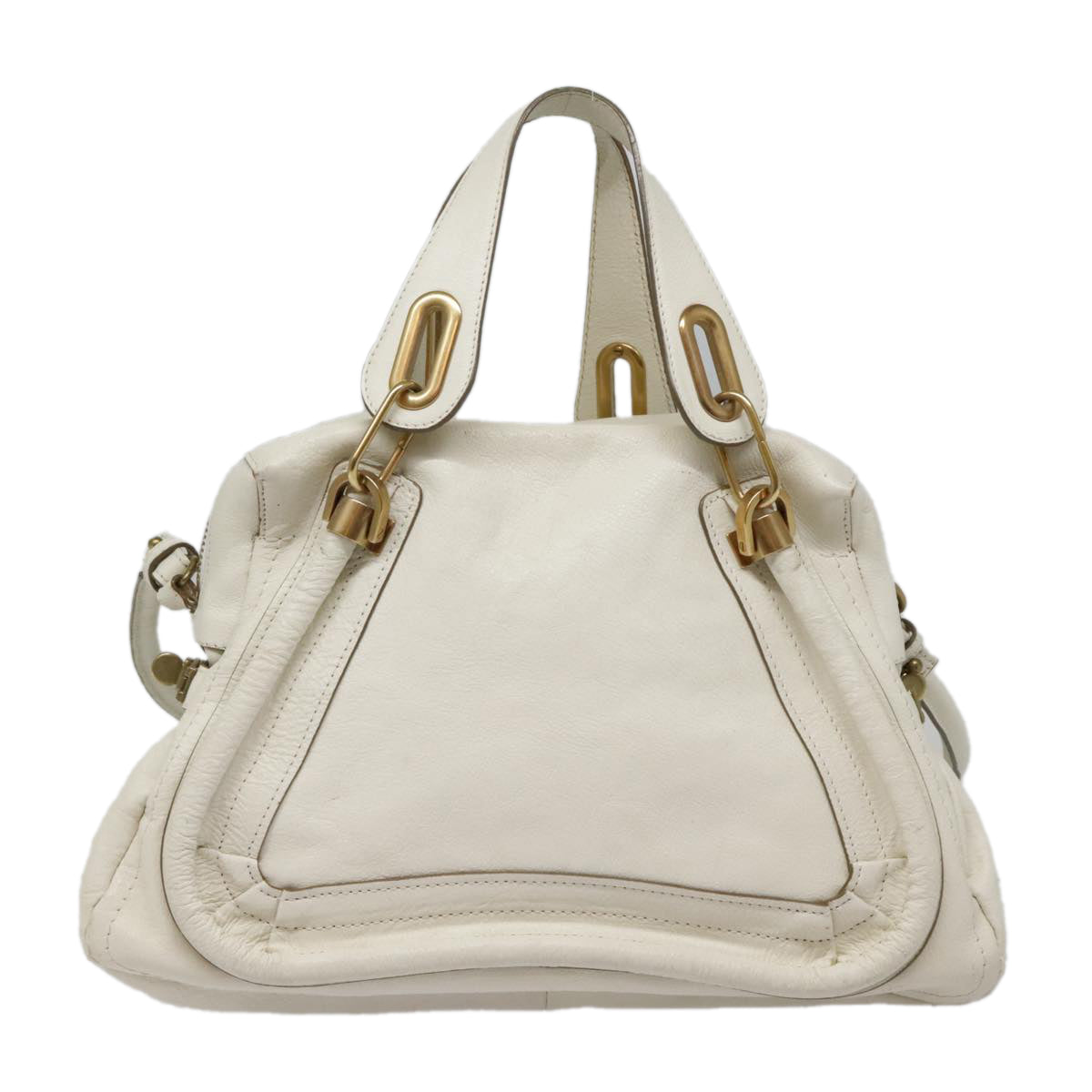 Chloe Paraty Hand Bag Leather 2way White Gold Auth tb1206