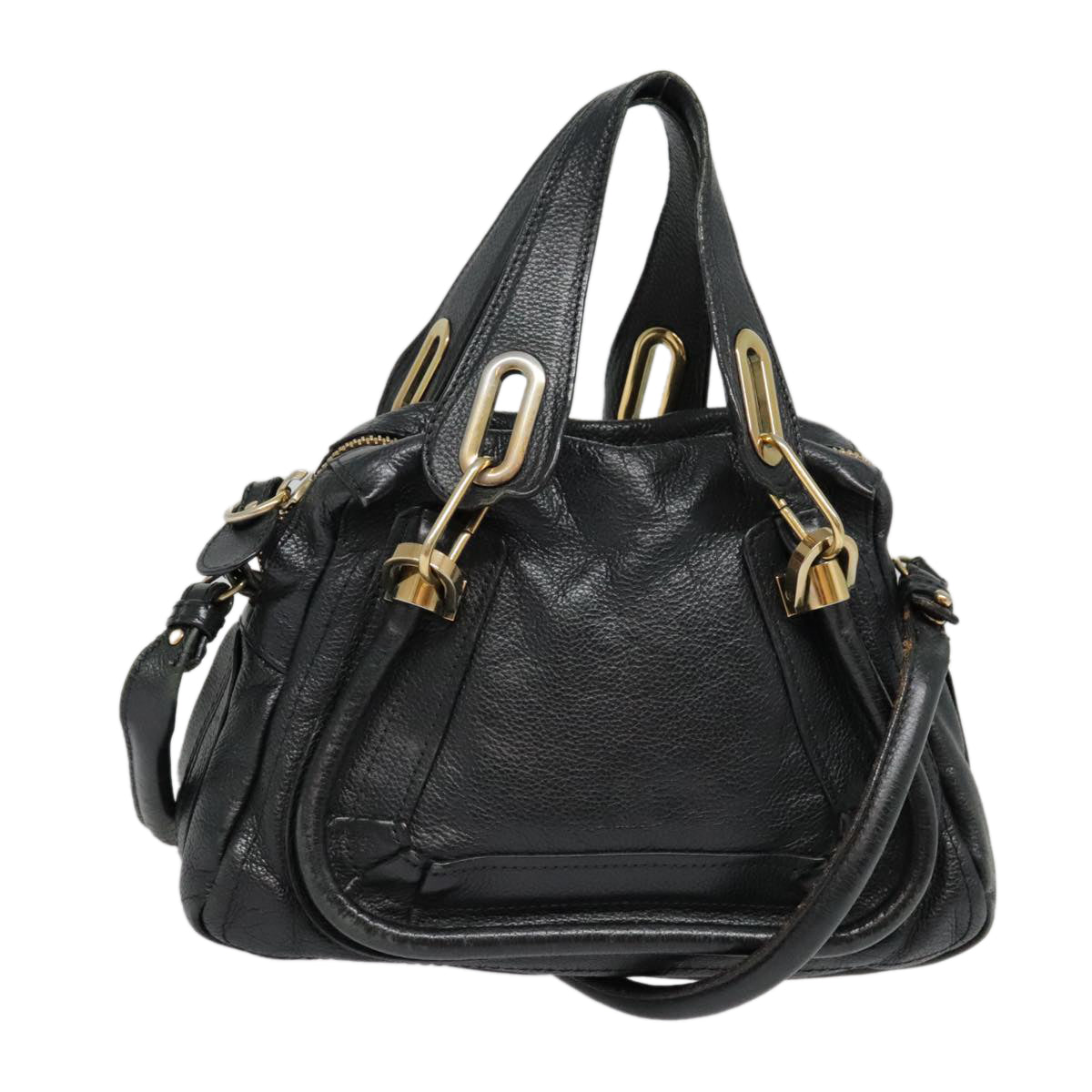 Chloe Paraty Hand Bag Leather 2way Black Gold Auth tb1211