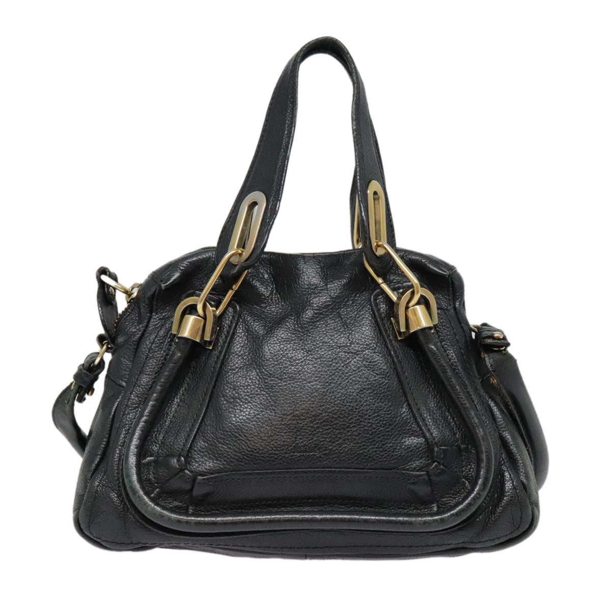 Chloe Paraty Hand Bag Leather 2way Black Gold Auth tb1211