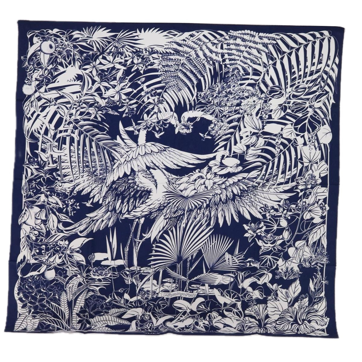 HERMES Carre 90 Flamingo Party Scarf Silk Blue White Auth tb978