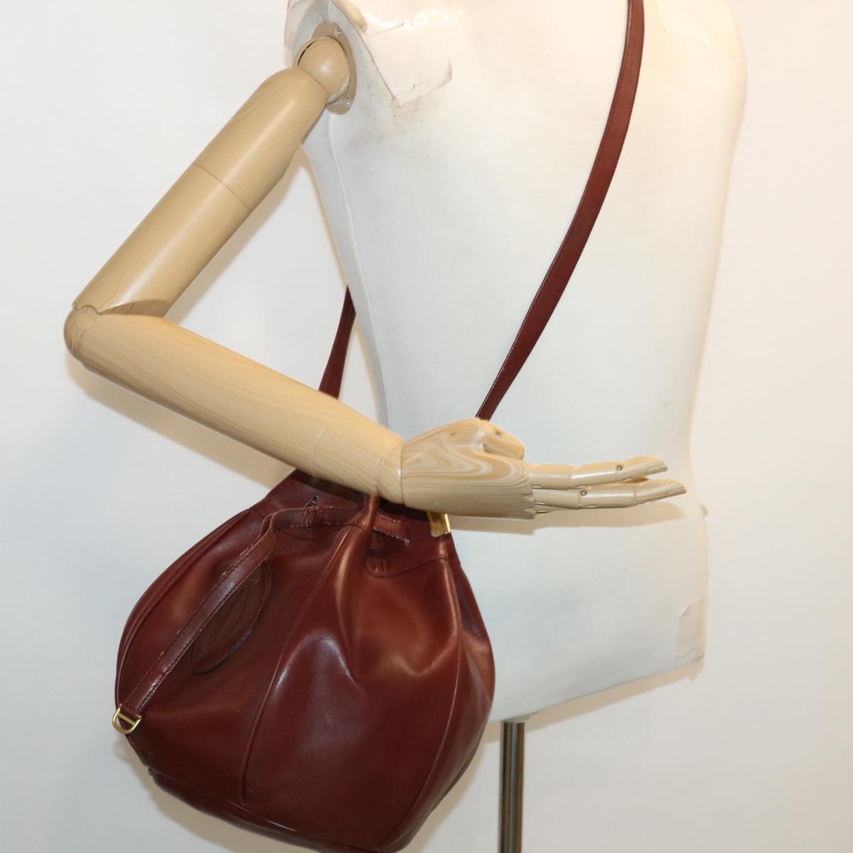 CARTIER Shoulder Bag Leather Wine Red Auth th3000