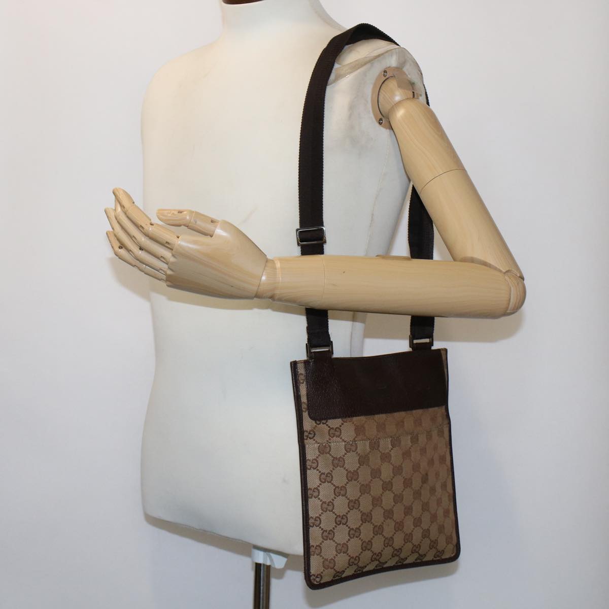 GUCCI GG Canvas Shoulder Bag Leather Beige 27639 Auth th3823