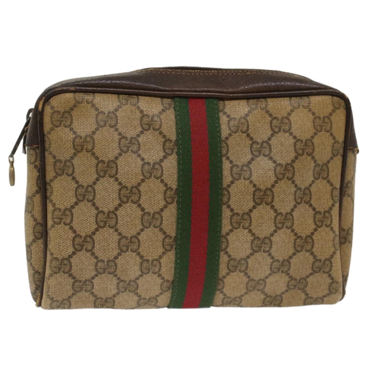 GUCCI GG Canvas Web Sherry Line Clutch Bag Beige Red 56•014•3553 Auth th3861