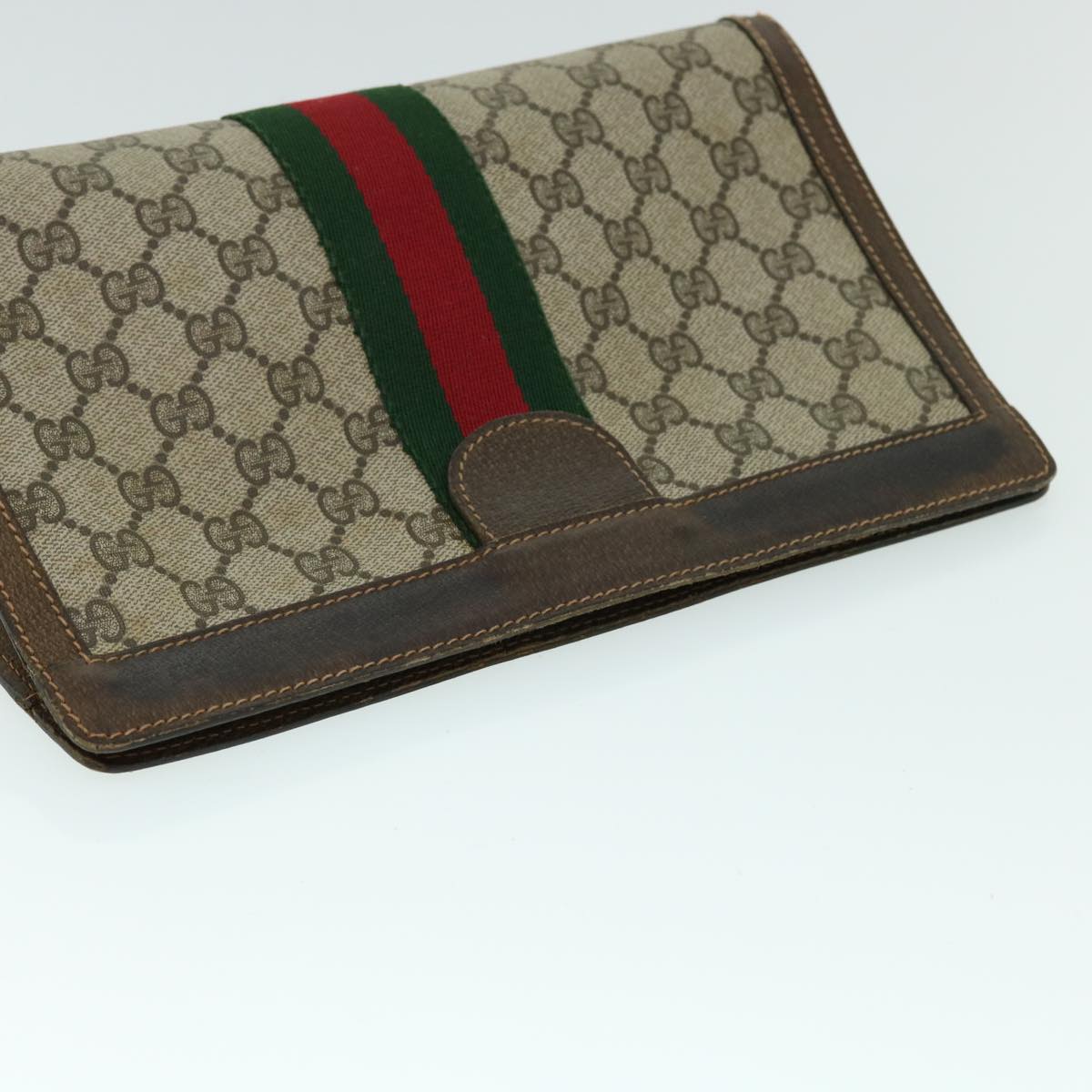 GUCCI GG Canvas Web Sherry Line Clutch Bag PVC Leather Beige Red Auth th4012