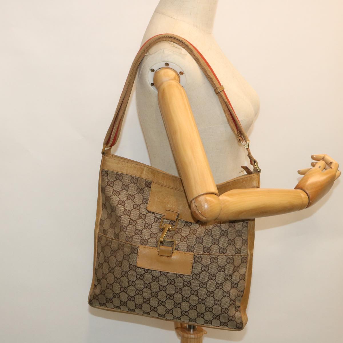 GUCCI GG Canvas Sherry Line Shoulder Bag Beige Red 001 4094 002113 Auth th4031