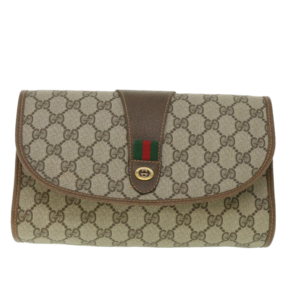 GUCCI GG Supreme Web Sherry Line Clutch Bag Beige Red 156 01 030 Auth th4102