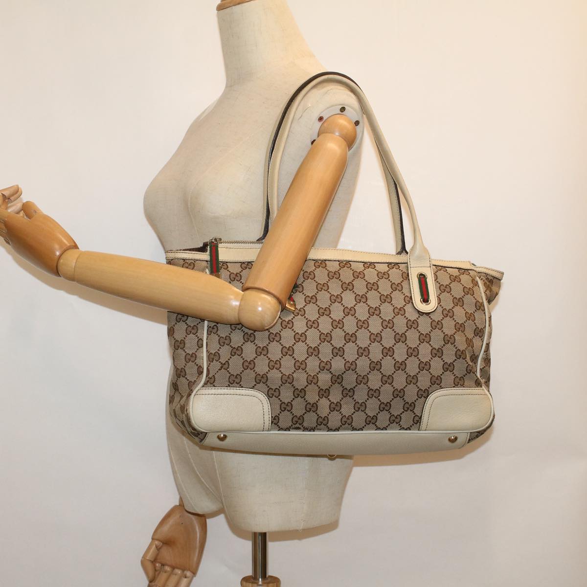 GUCCI GG Canvas Web Sherry Line Shoulder Bag Beige Red Green Auth th4248