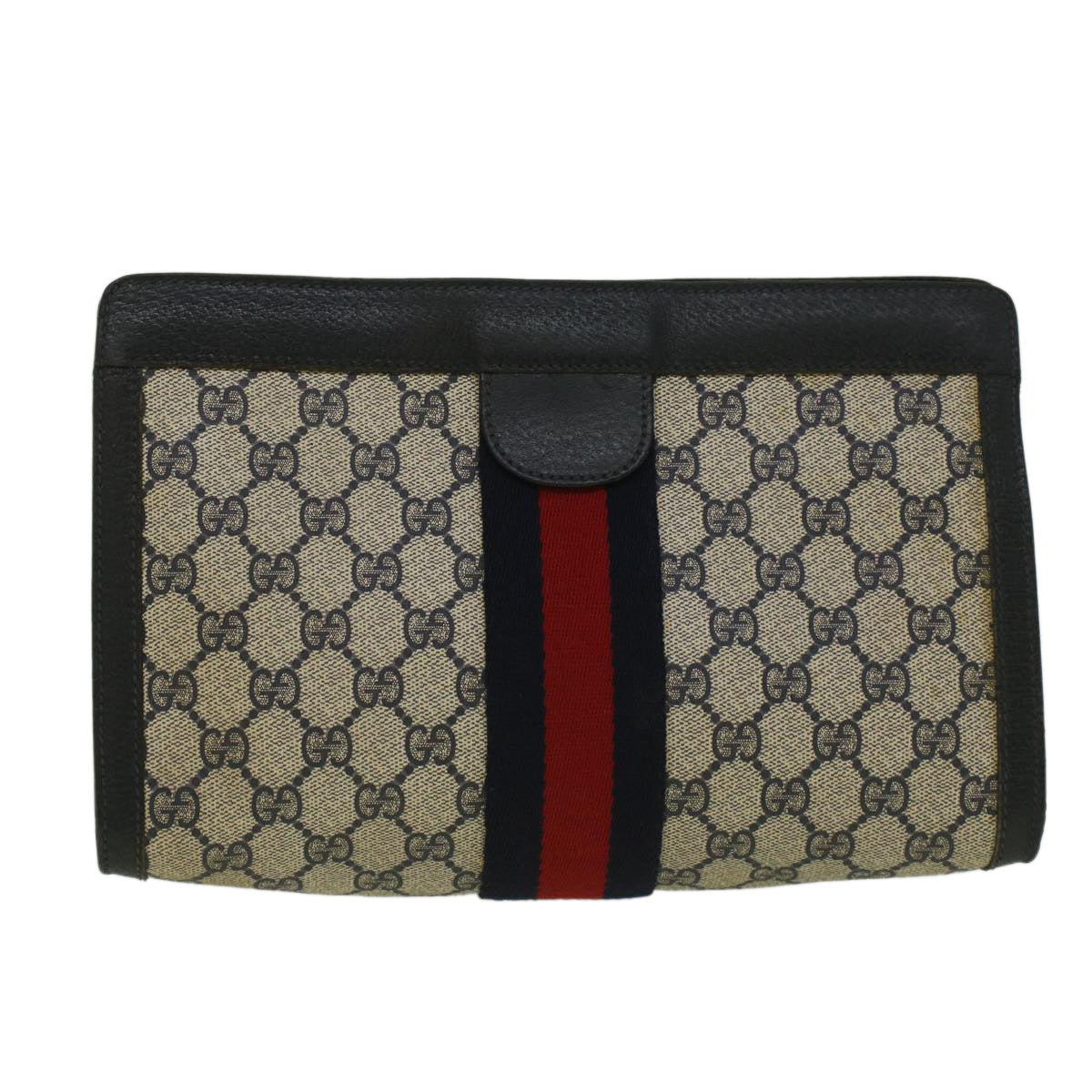 GUCCI GG Canvas Sherry Line Clutch Bag PVC Leather Navy Red Auth th4256