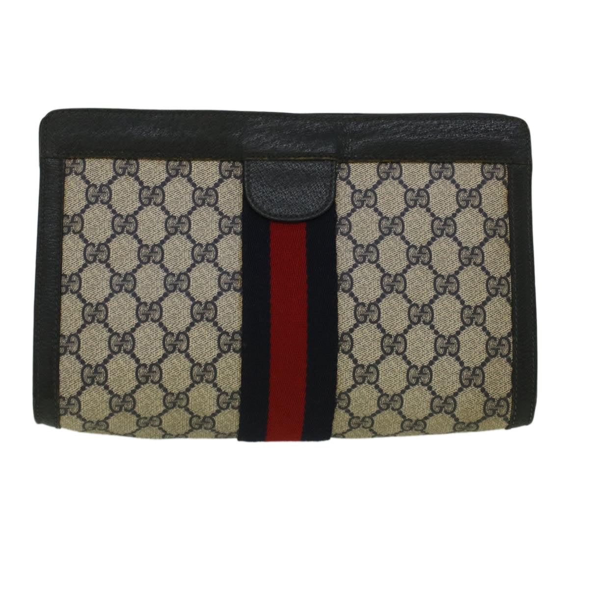 GUCCI GG Canvas Sherry Line Clutch Bag PVC Leather Navy Red Auth th4256