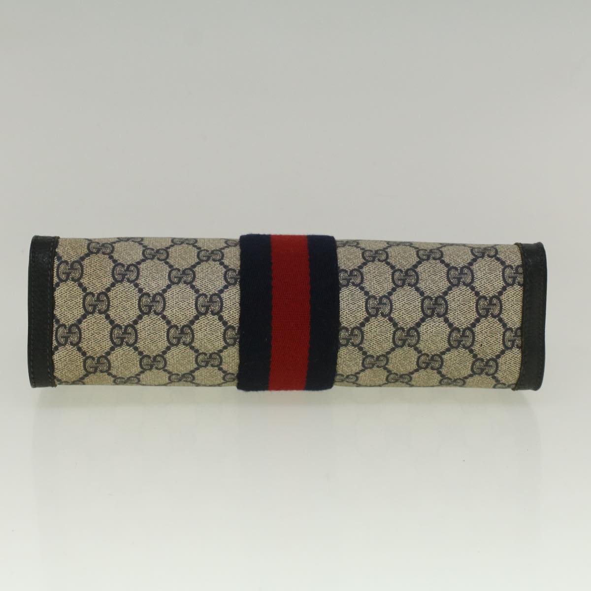 GUCCI GG Canvas Sherry Line Clutch Bag PVC Leather Navy Red Auth th4256