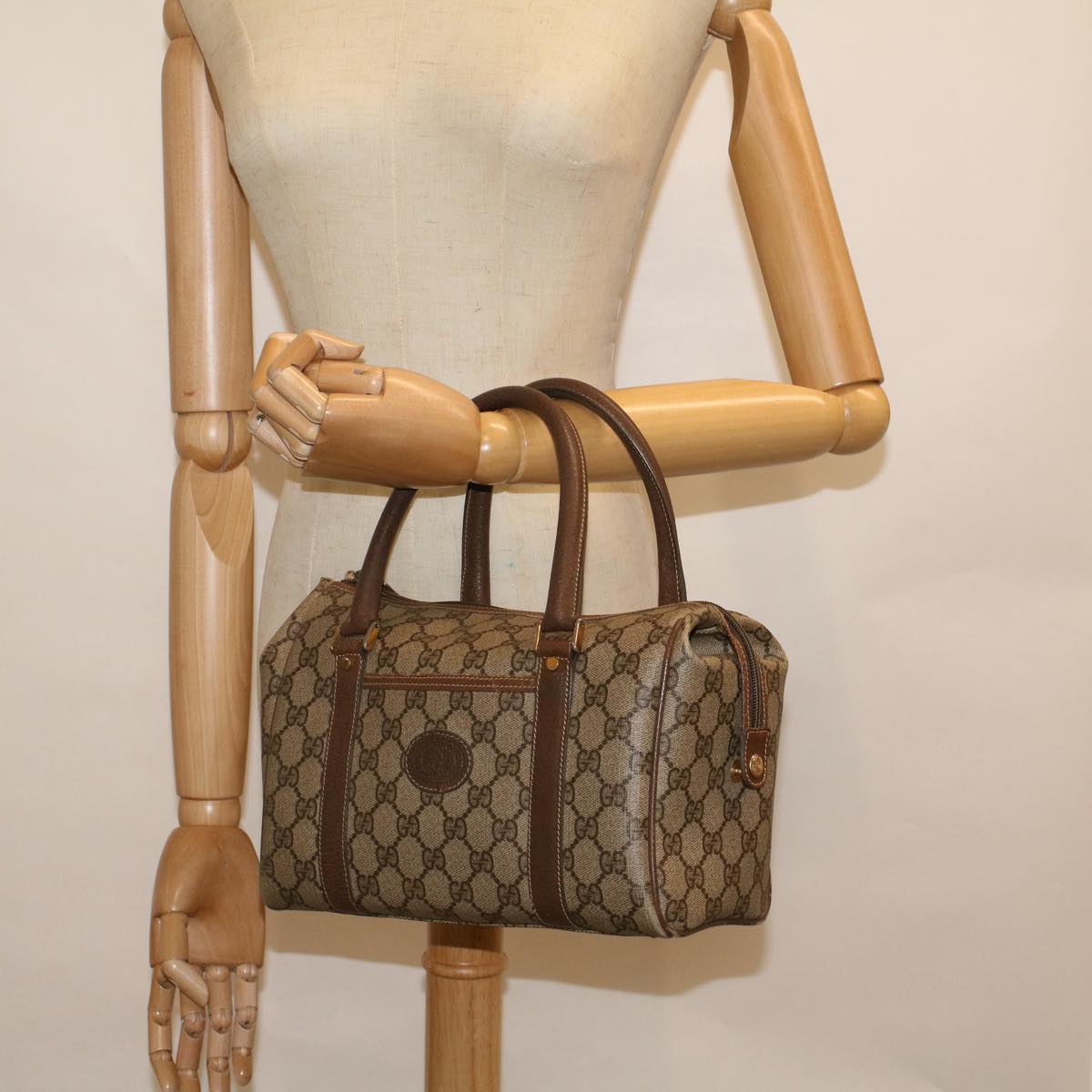 GUCCI GG Canvas Boston Bag PVC Leather Beige Auth th4287