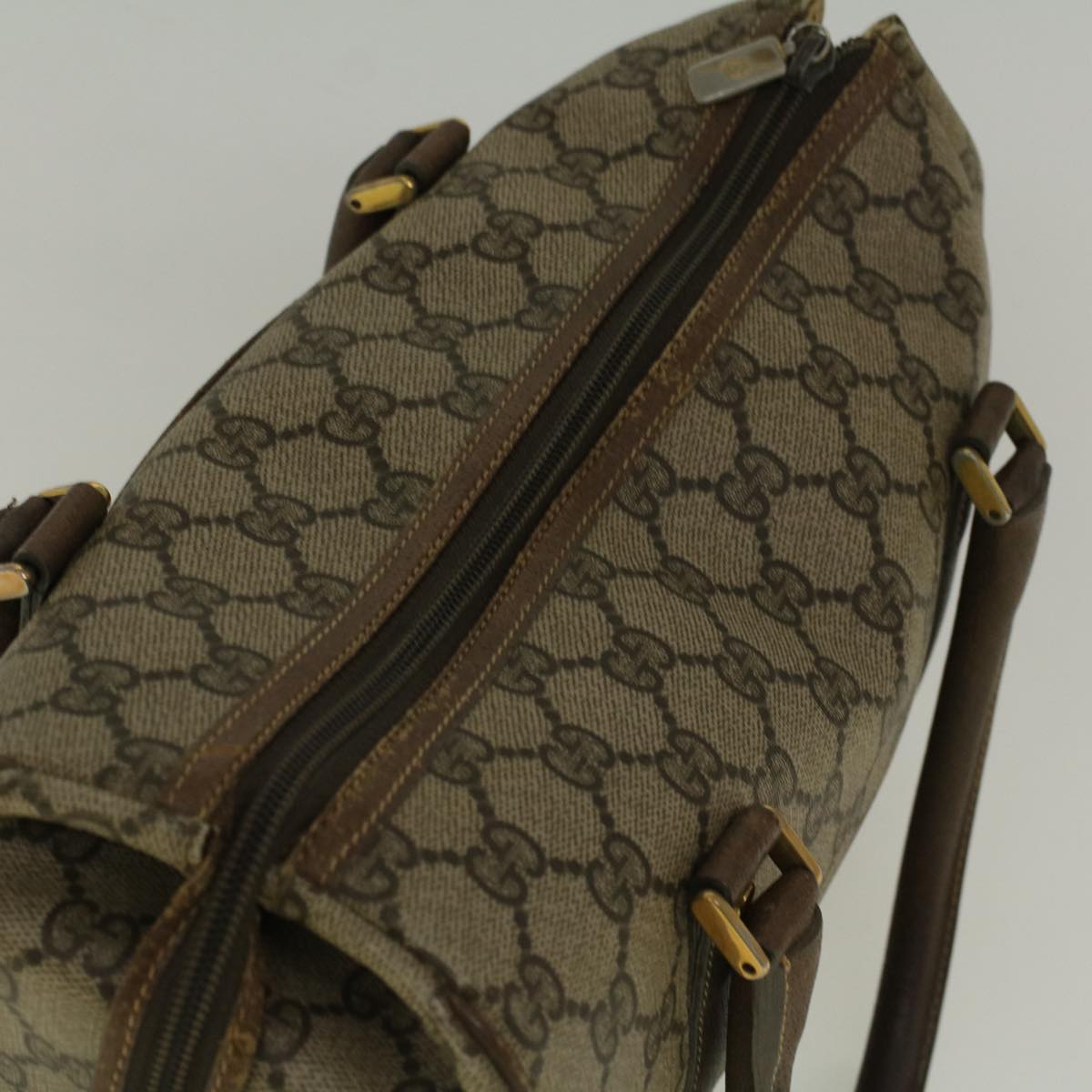 GUCCI GG Canvas Boston Bag PVC Leather Beige Auth th4287