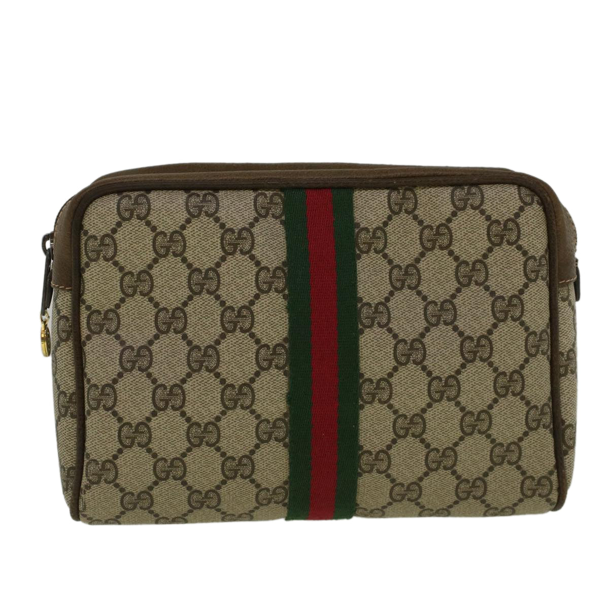 GUCCI GG Canvas Web Sherry Line Clutch Bag PVC Leather Beige Green Auth th4309