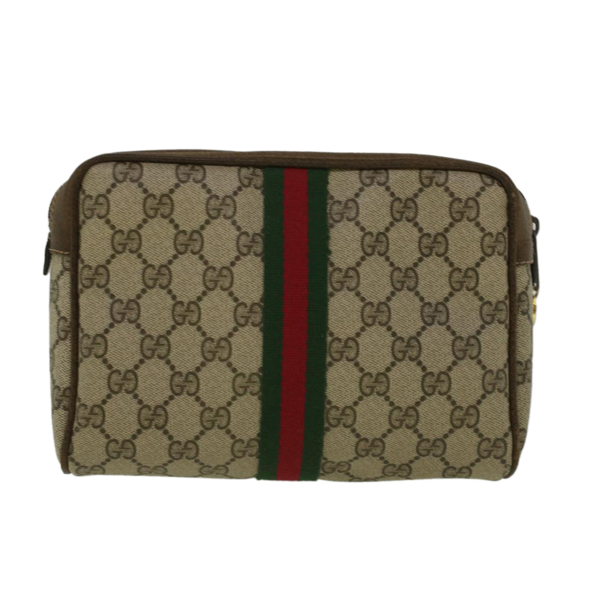 GUCCI GG Canvas Web Sherry Line Clutch Bag PVC Leather Beige Green Auth th4309