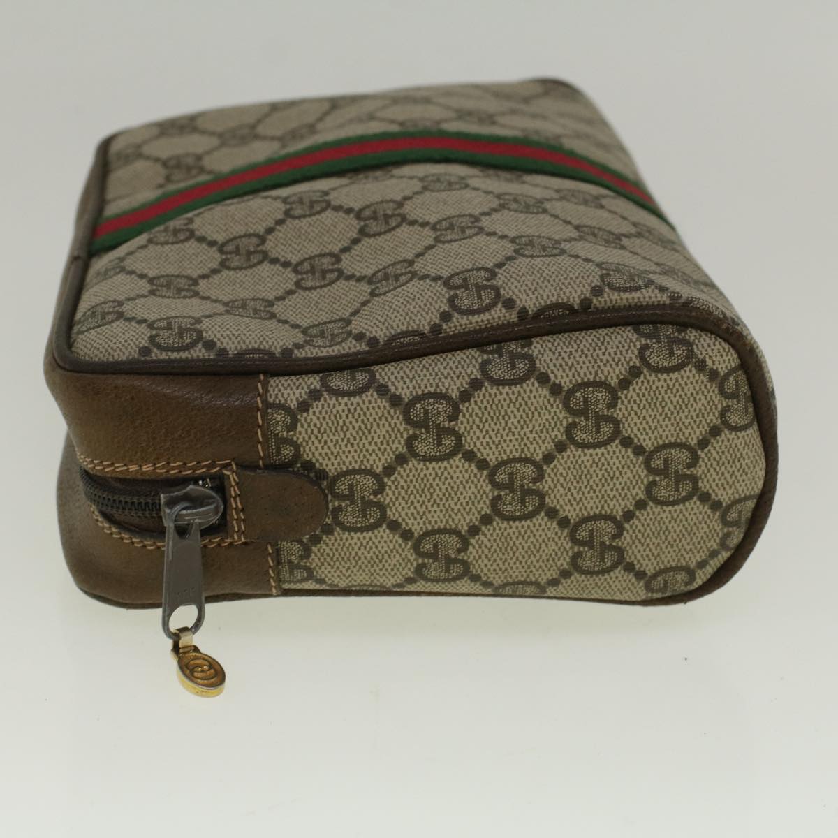 GUCCI GG Canvas Web Sherry Line Clutch Bag PVC Leather Beige Green Auth th4309