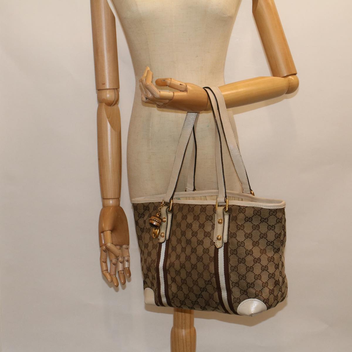 GUCCI GG Canvas Sherry Line Bamboo Tote Bag Canvas Beige 137396 Auth th4311