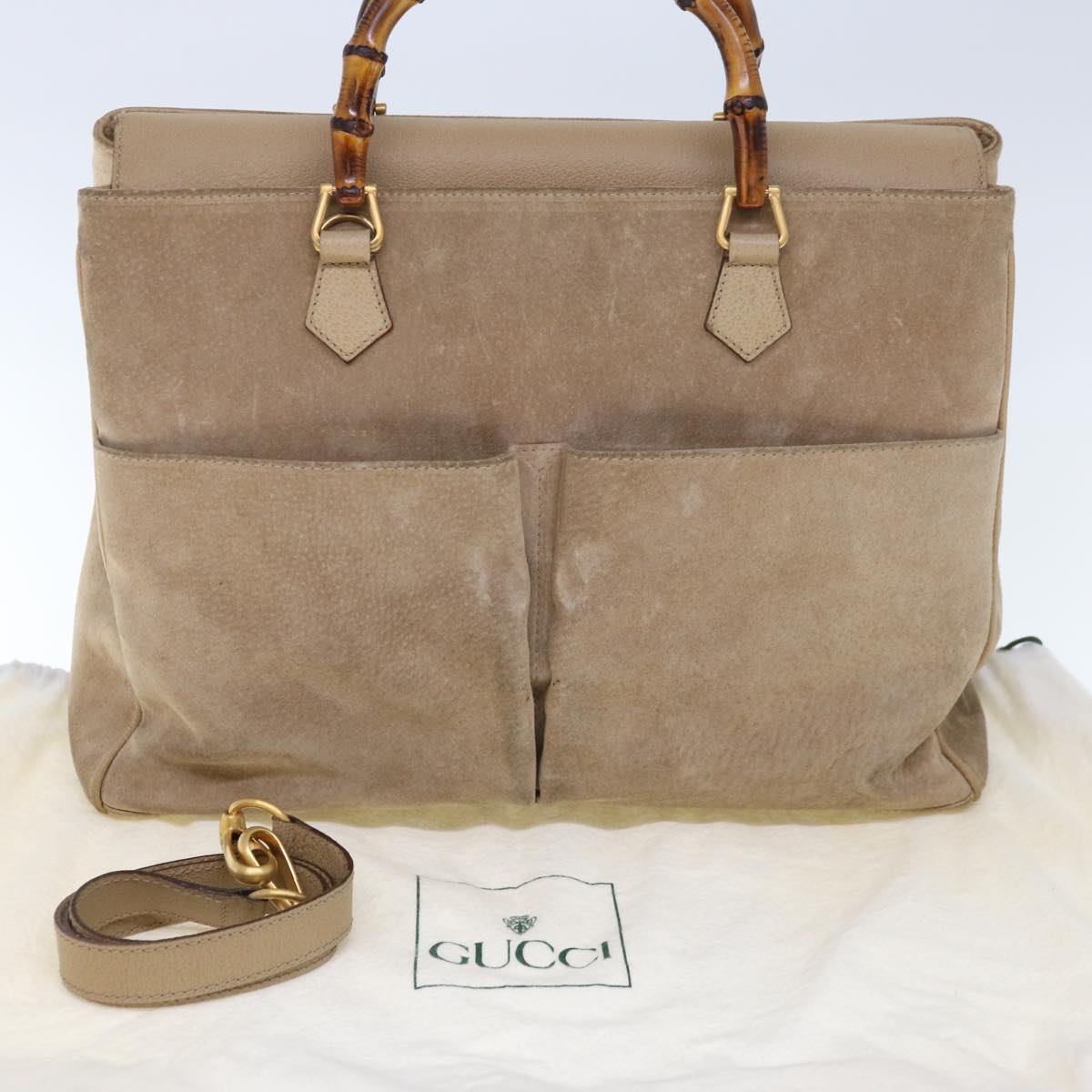 GUCCI Bamboo Hand Bag Suede 2way Beige 002 123 0322 Auth th4517