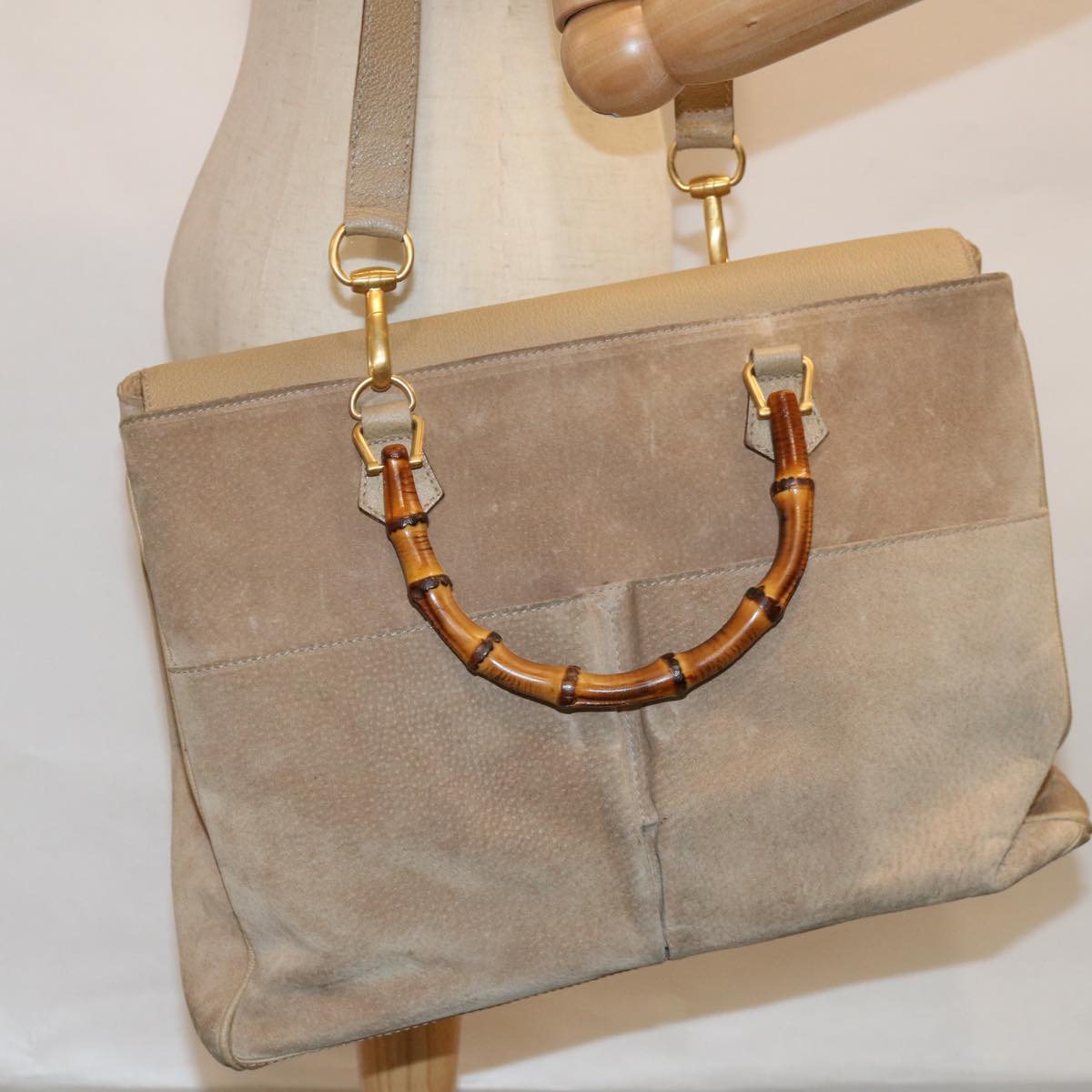 GUCCI Bamboo Hand Bag Suede 2way Beige 002 123 0322 Auth th4517