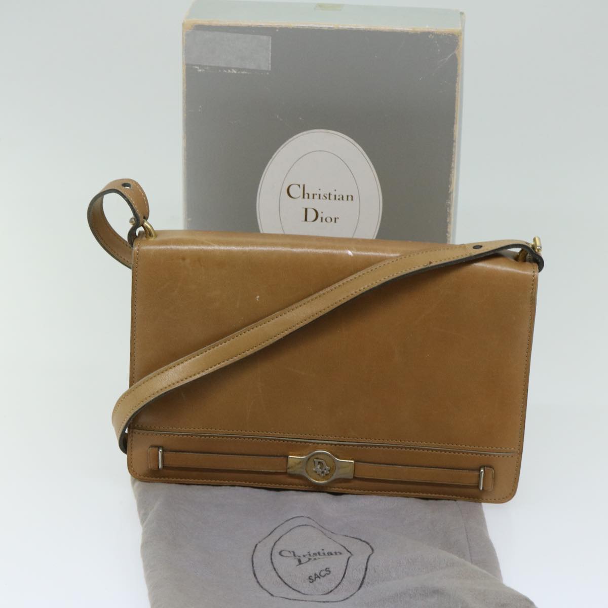 Christian Dior Shoulder Bag Leather Beige Auth th4586