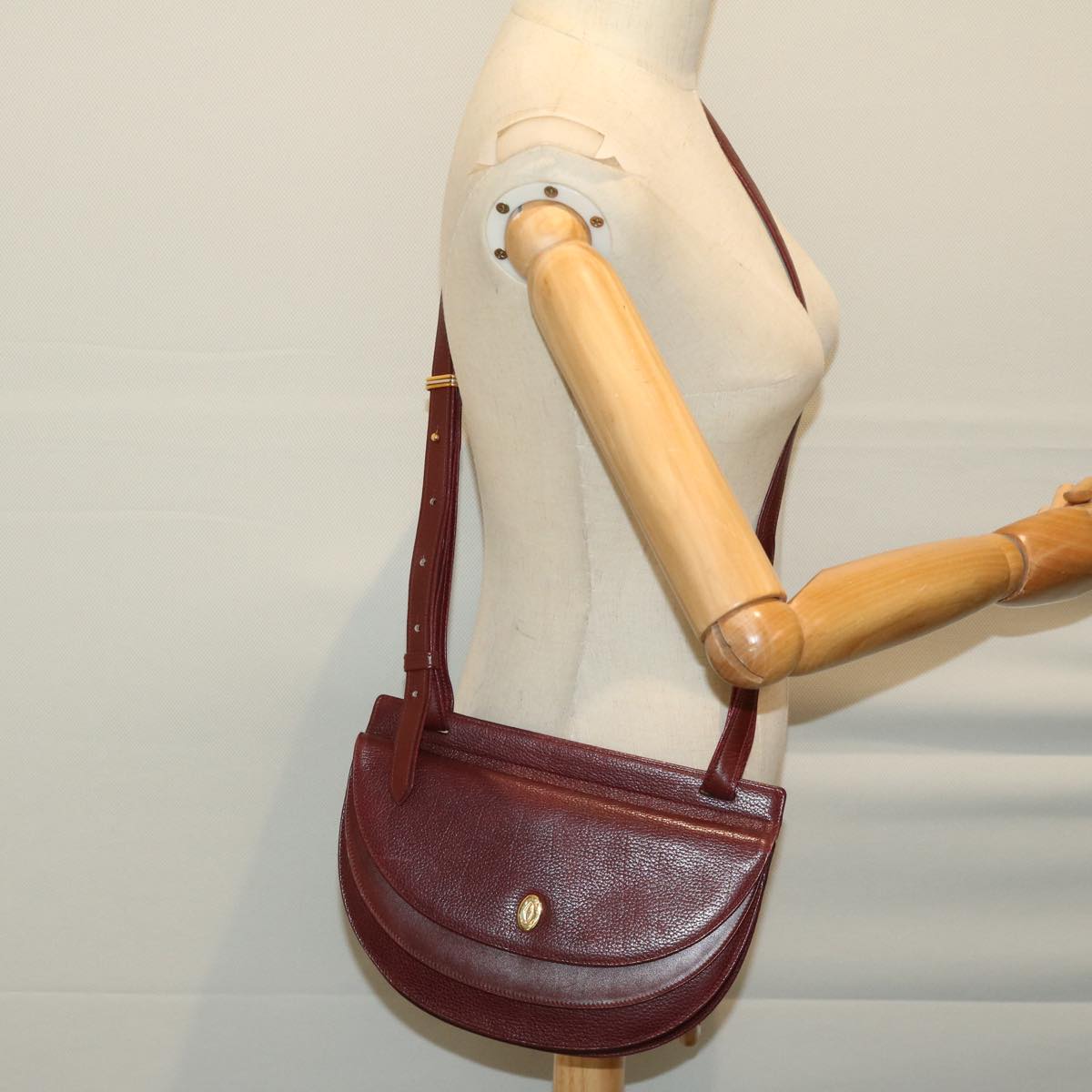 CARTIER Shoulder Bag Leather Wine Red Auth th4589