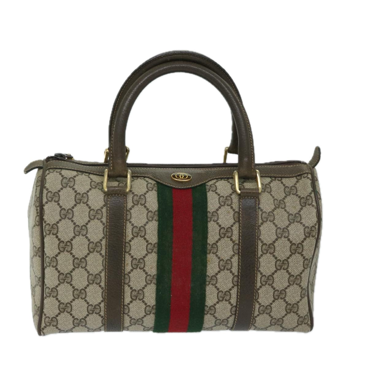 GUCCI GG Canvas Web Sherry Line Boston Bag PVC Beige Red Green Auth th4733