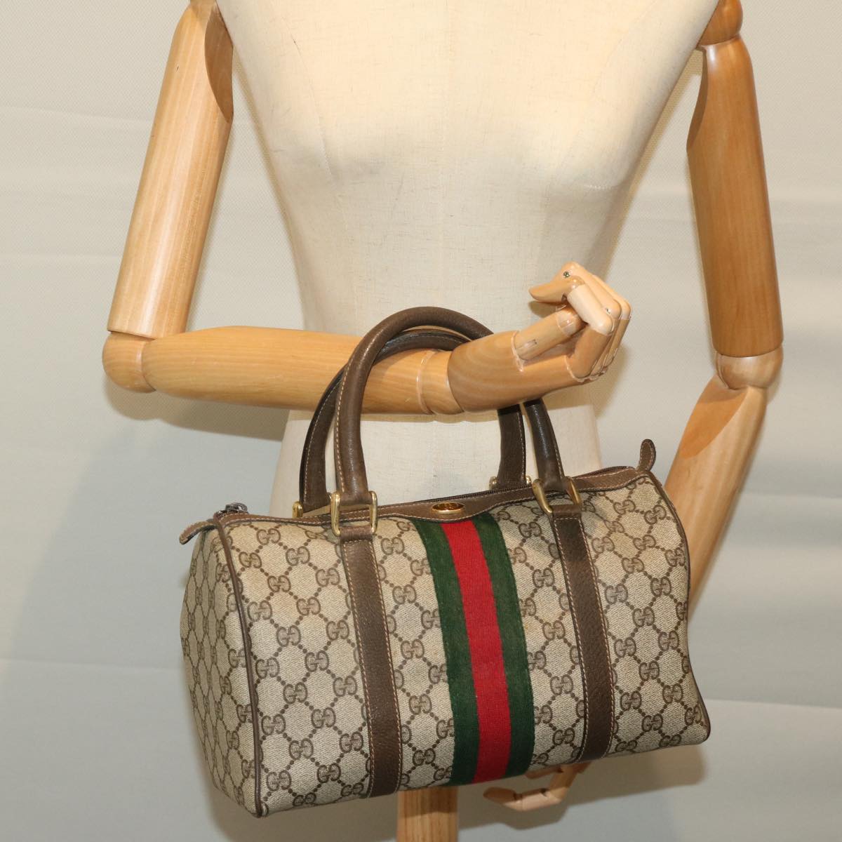 GUCCI GG Canvas Web Sherry Line Boston Bag PVC Beige Red Green Auth th4733