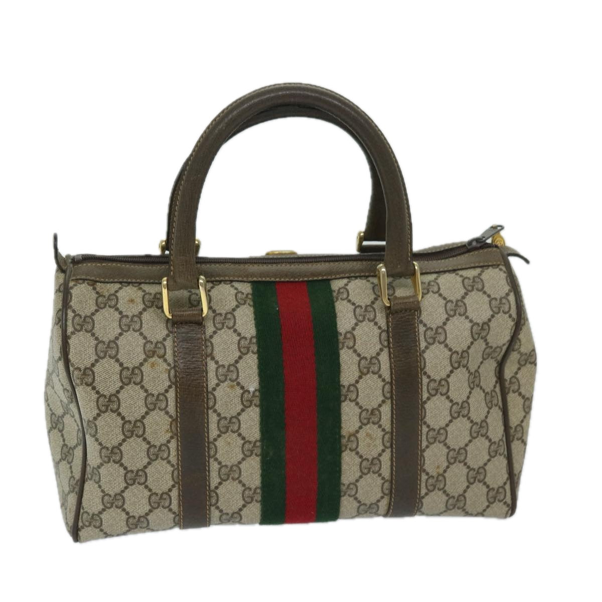 GUCCI GG Canvas Web Sherry Line Boston Bag PVC Beige Red Green Auth th4733