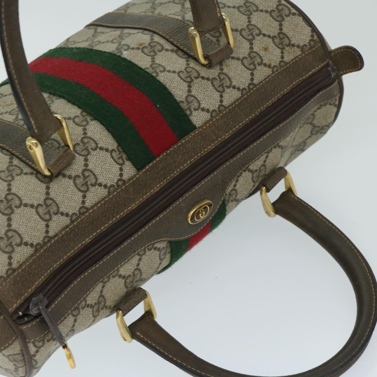 GUCCI GG Canvas Web Sherry Line Boston Bag PVC Beige Red Green Auth th4733