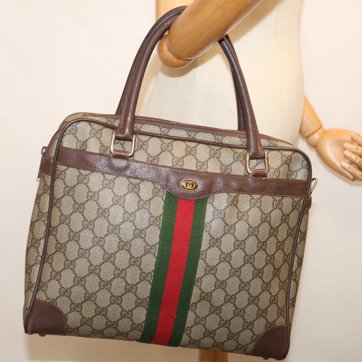 GUCCI GG Supreme Web Sherry Line Hand Bag PVC Beige Red 904 02 015 Auth th4757