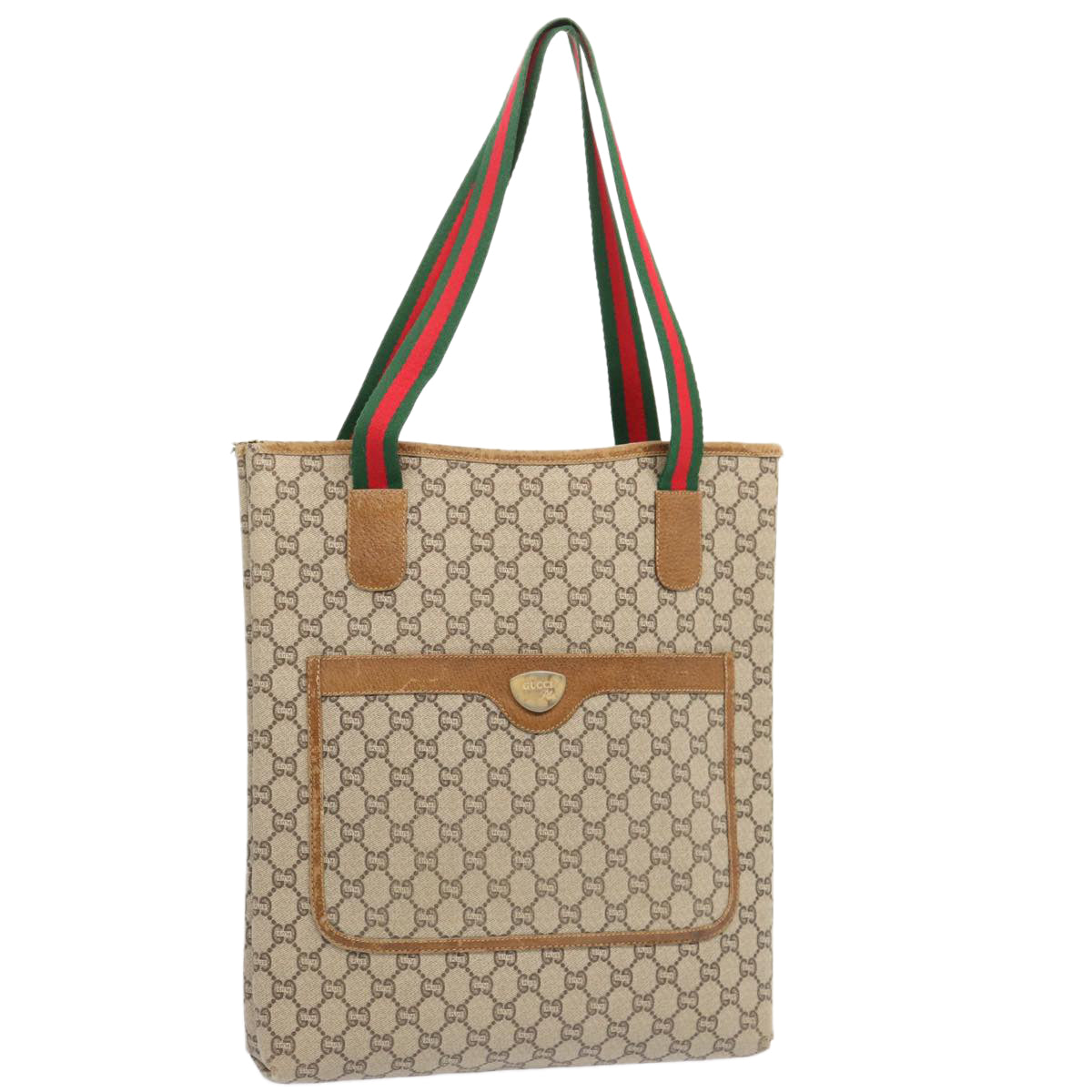 GUCCI GG Plus Supreme Web Sherry Line Tote Bag Beige Red Green Auth th4782