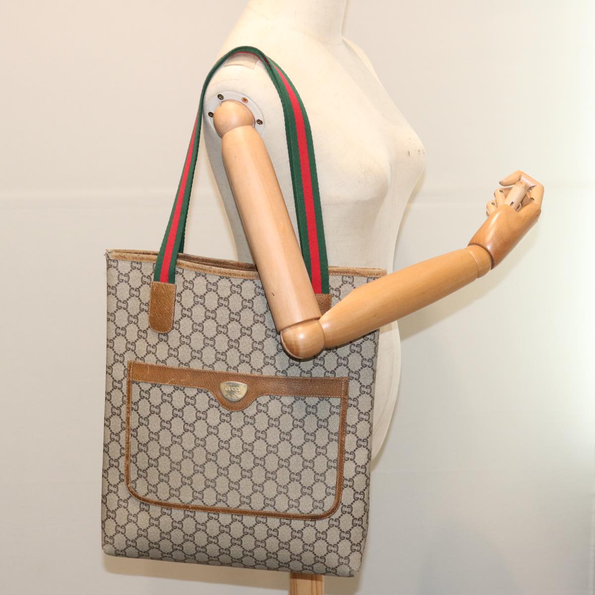 GUCCI GG Plus Supreme Web Sherry Line Tote Bag Beige Red Green Auth th4782