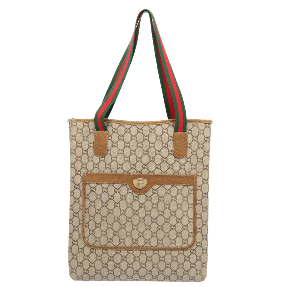 GUCCI GG Plus Supreme Web Sherry Line Tote Bag Beige Red Green Auth th4782