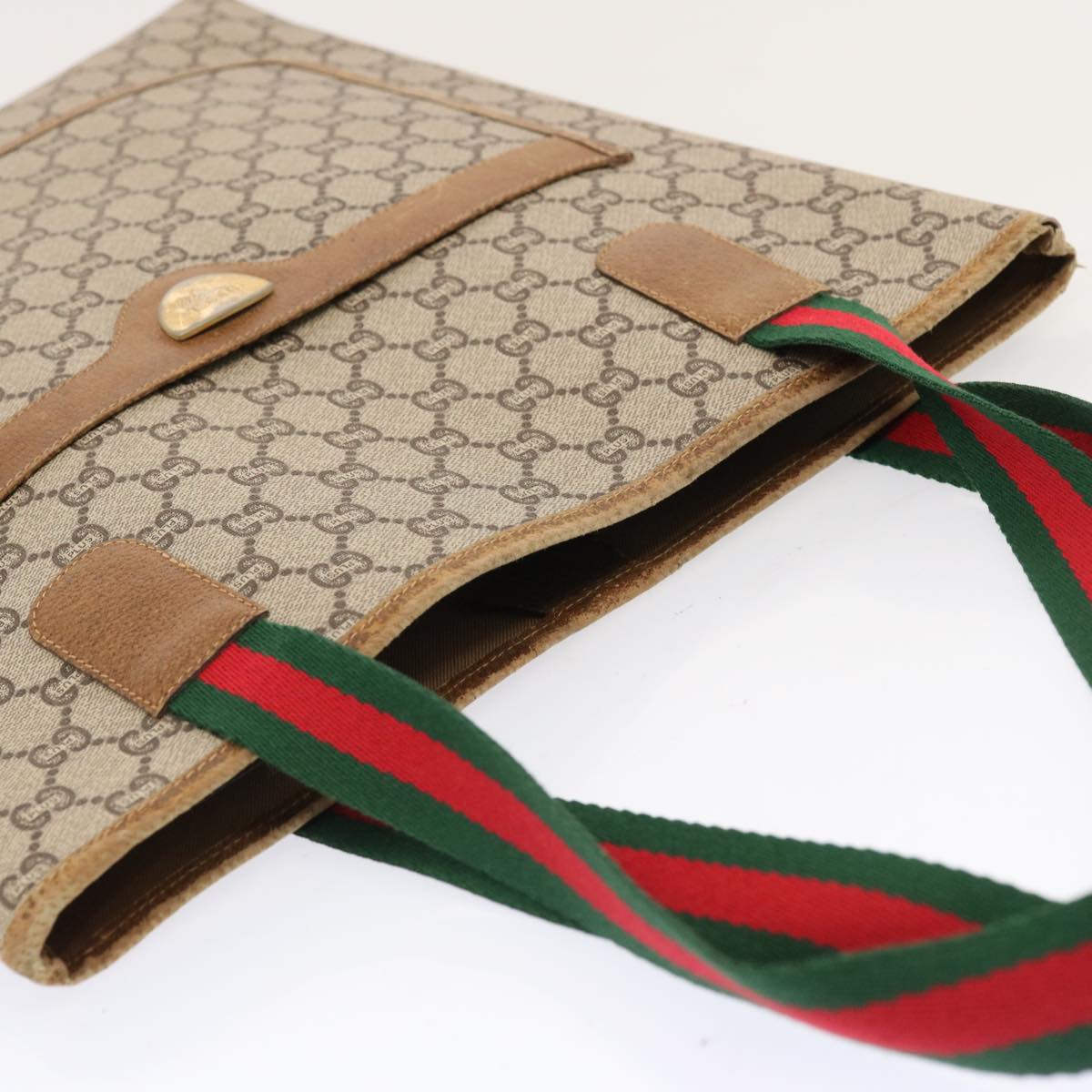 GUCCI GG Plus Supreme Web Sherry Line Tote Bag Beige Red Green Auth th4782