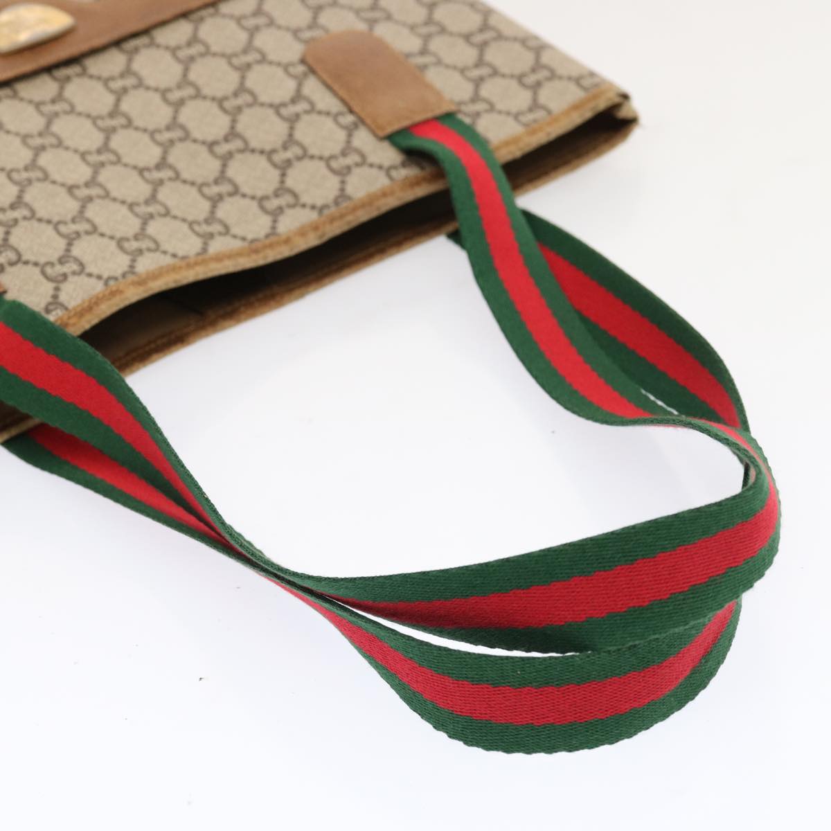 GUCCI GG Plus Supreme Web Sherry Line Tote Bag Beige Red Green Auth th4782