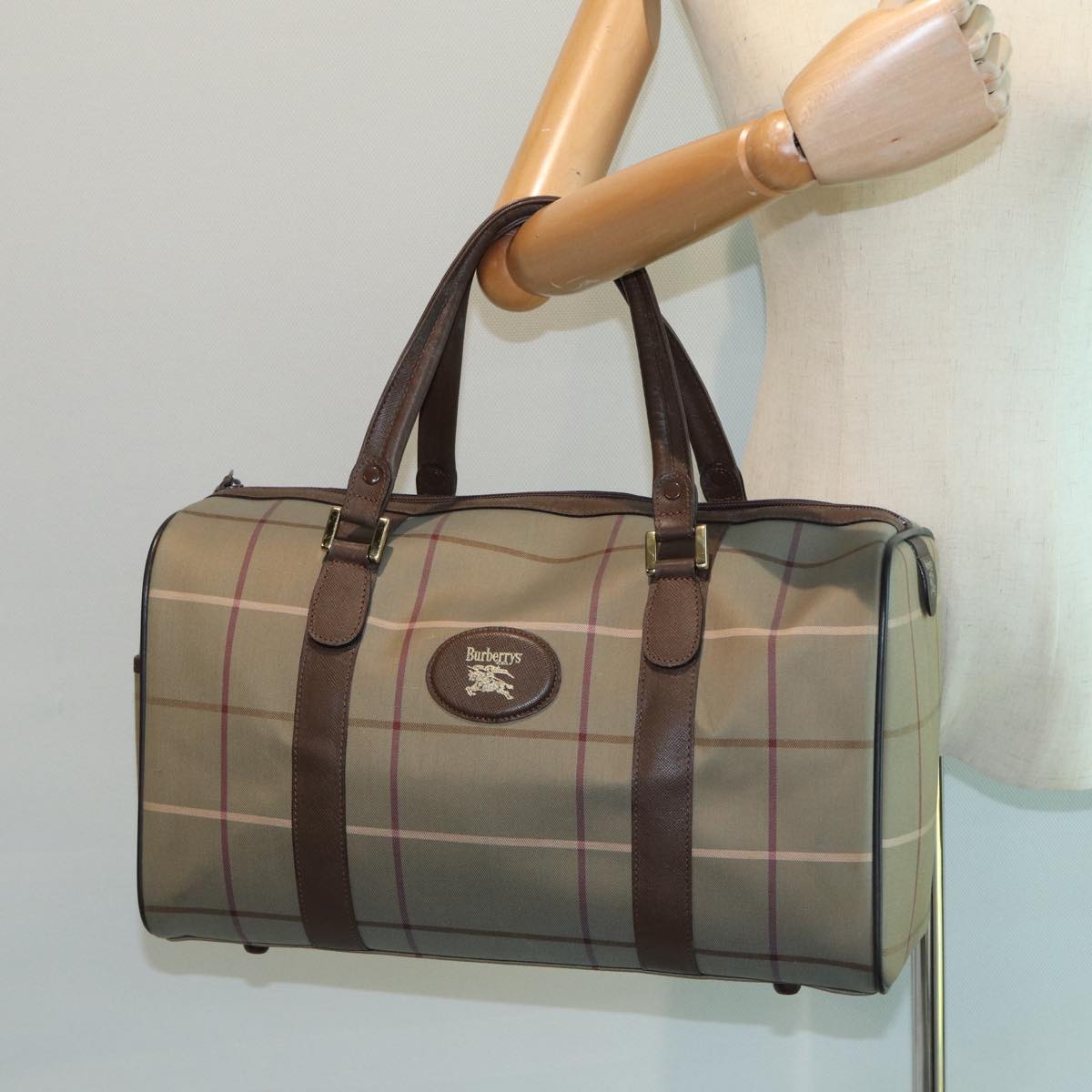 Burberrys Nova Check Boston Bag Canvas Brown Auth th5134