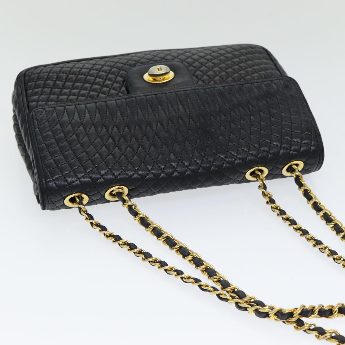 BALLY Chain Shoulder Bag Leather Navy Auth th5172